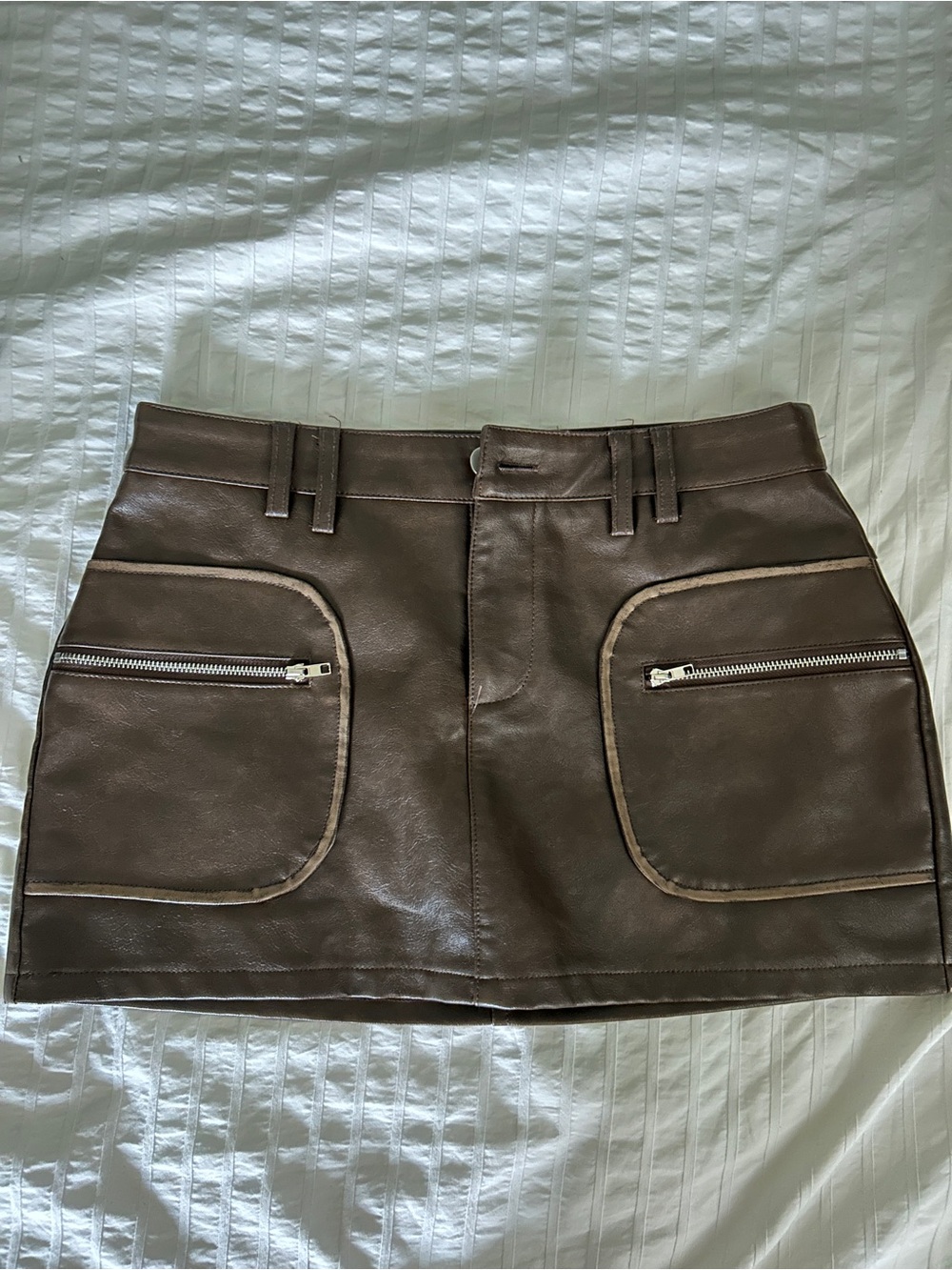 Forever 21 Brown Faux Leather Mini Skirt with Front Zip Pockets